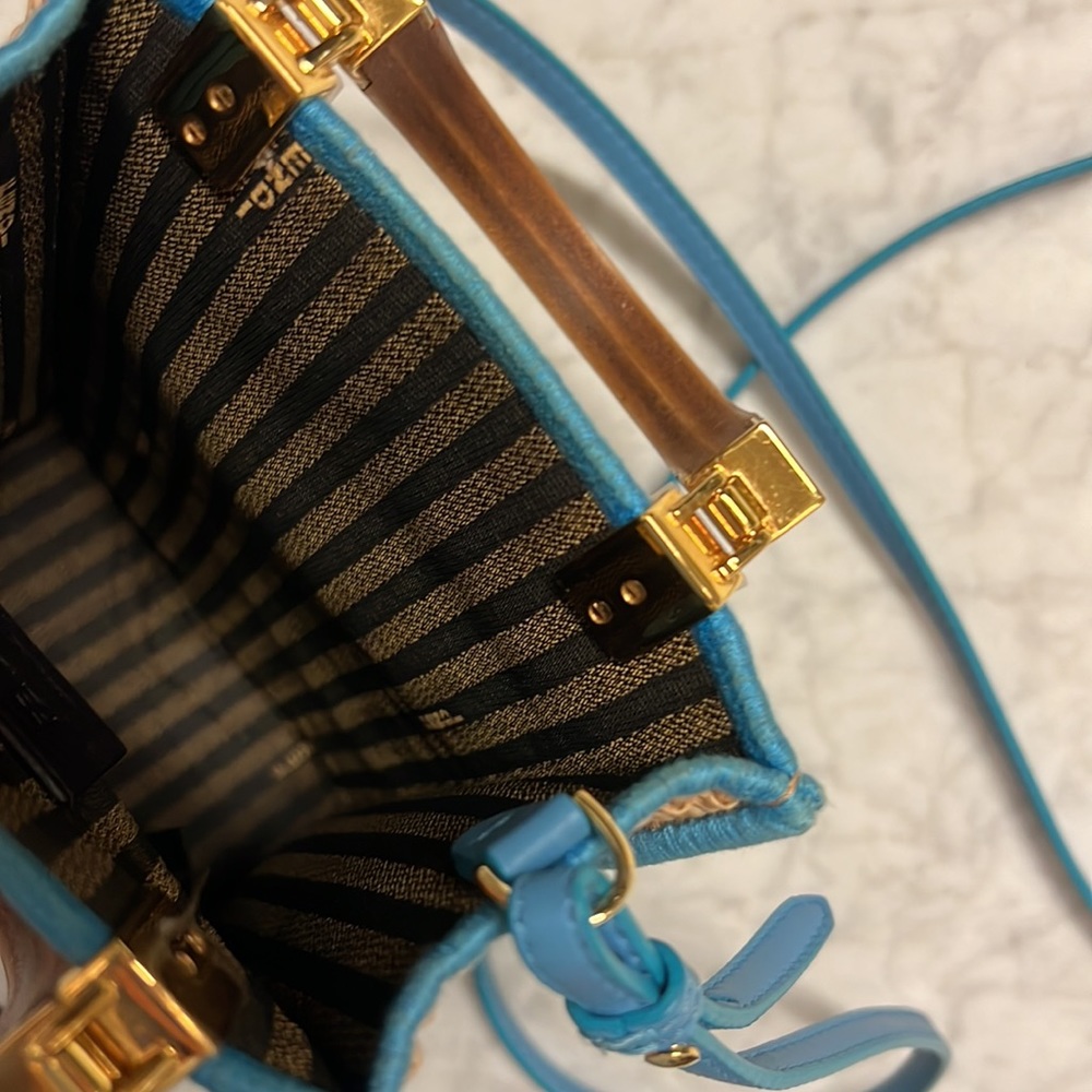 Fendi Sunshine Mini Straw Shoulder Bag Natural Blue - Picture 12 of 14